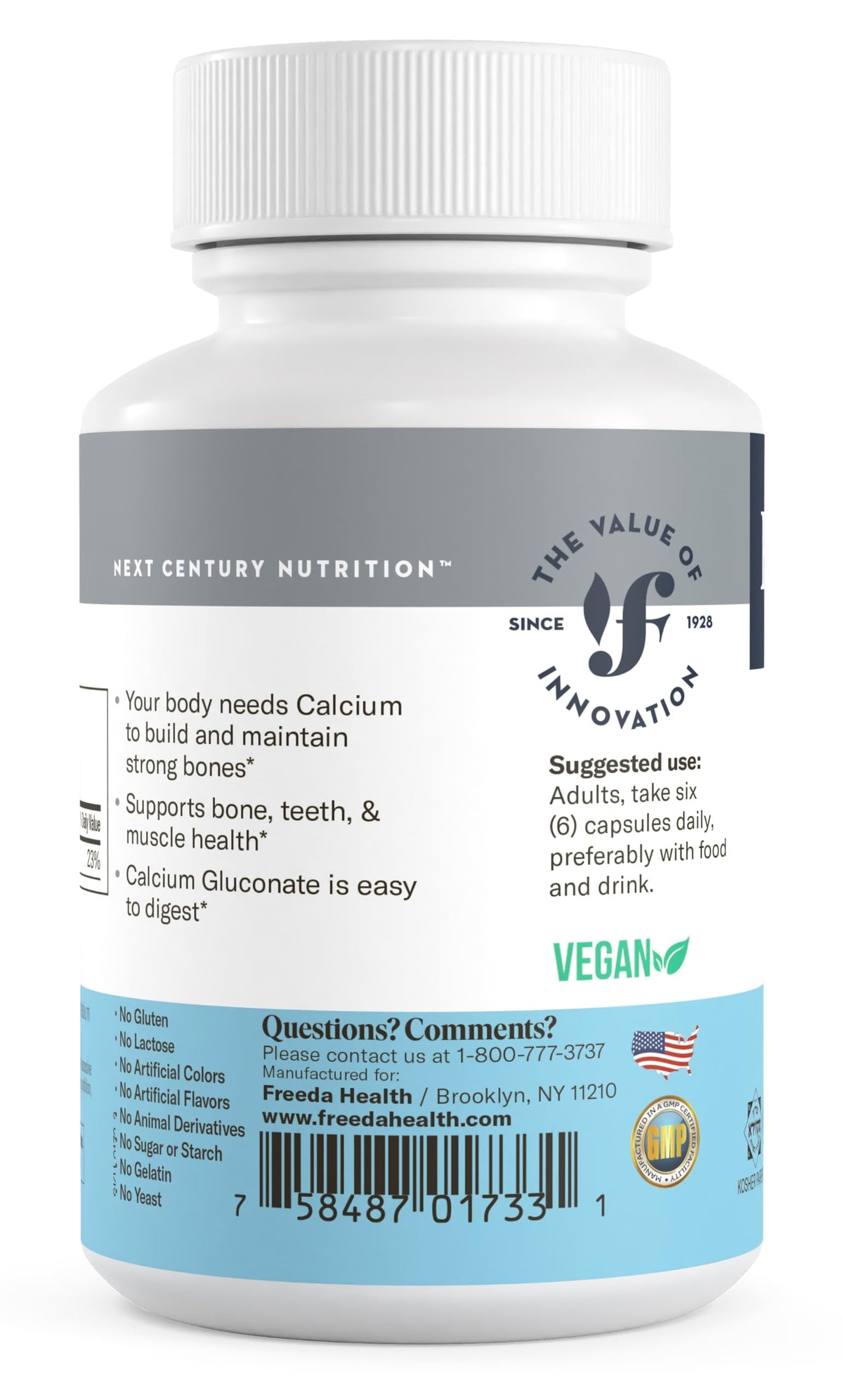 FREEDA Calcium Gluconate Supplement for Bone & Joint Support - 100 Capsules - Supports Teeth & Muscle Health - Pure Calcium w/o Vitamin D - Gentle on Stomach, Easy-to-Digest, Kosher, Vegan, Made in USA