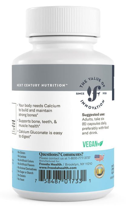 FREEDA Calcium Gluconate Supplement for Bone & Joint Support - 100 Capsules - Supports Teeth & Muscle Health - Pure Calcium w/o Vitamin D - Gentle on Stomach, Easy-to-Digest, Kosher, Vegan, Made in USA