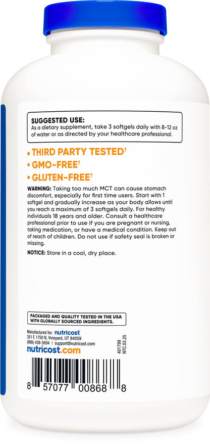 Nutricost MCT Oil Softgels 1000mg, 300 SFG (3,000mg Serv)