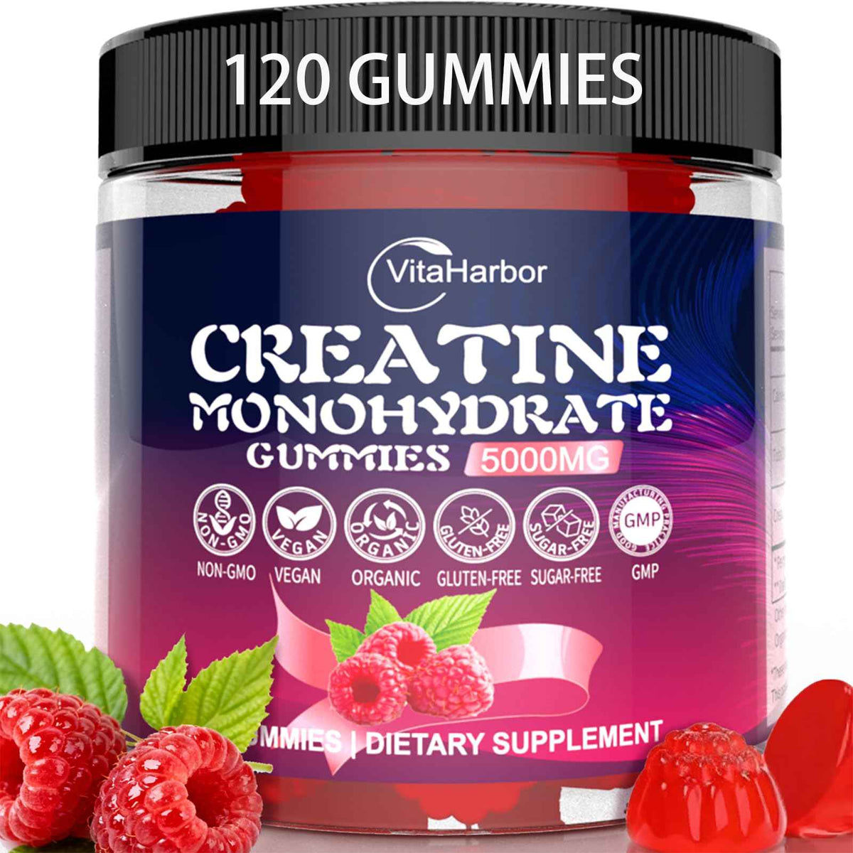 Creatine Monohydrate Gummies 5000mg for Men & Women, Organic Pure Creatine Gummies - Sugar Free,Vegan, Non-GMO,Raspberry Flavor, 120 Count