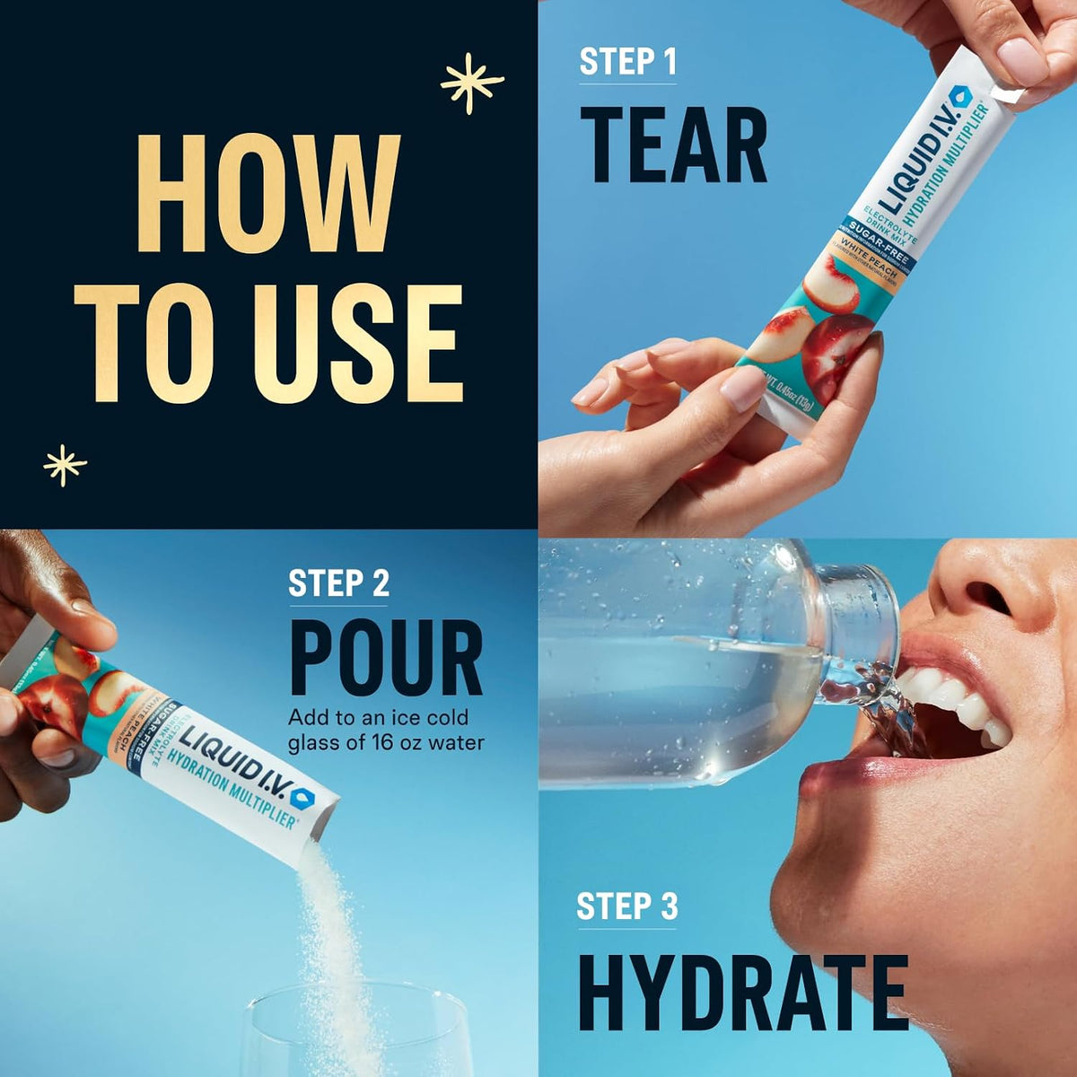 Liquid I.V. Hydration Multiplier Sugar-Free Sample Pack- Raspberry Melon, Lemon Lime, and White Peach - 4 Pack (12 Sticks)