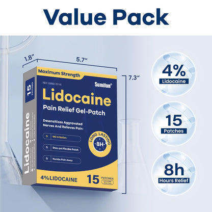 Sumifun 4% Lidocaine Pain Relief Patches 15 Counts Maximum Strength Numbing Gel Patch for Back Knee Neck Joint Ache Muscle Soreness Topical Analgesic