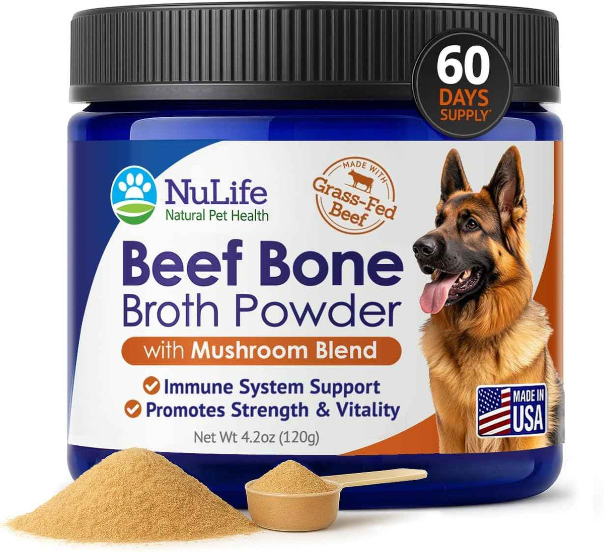 Grass-Fed Beef Bone Broth Powder for Dogs - Rich in Protein & Collagen, Enhanced with Mushroom Blend for Strong Bones, Joint Flexibility, Digestive Comfort & Immune Support - Made in USA - 4.2oz