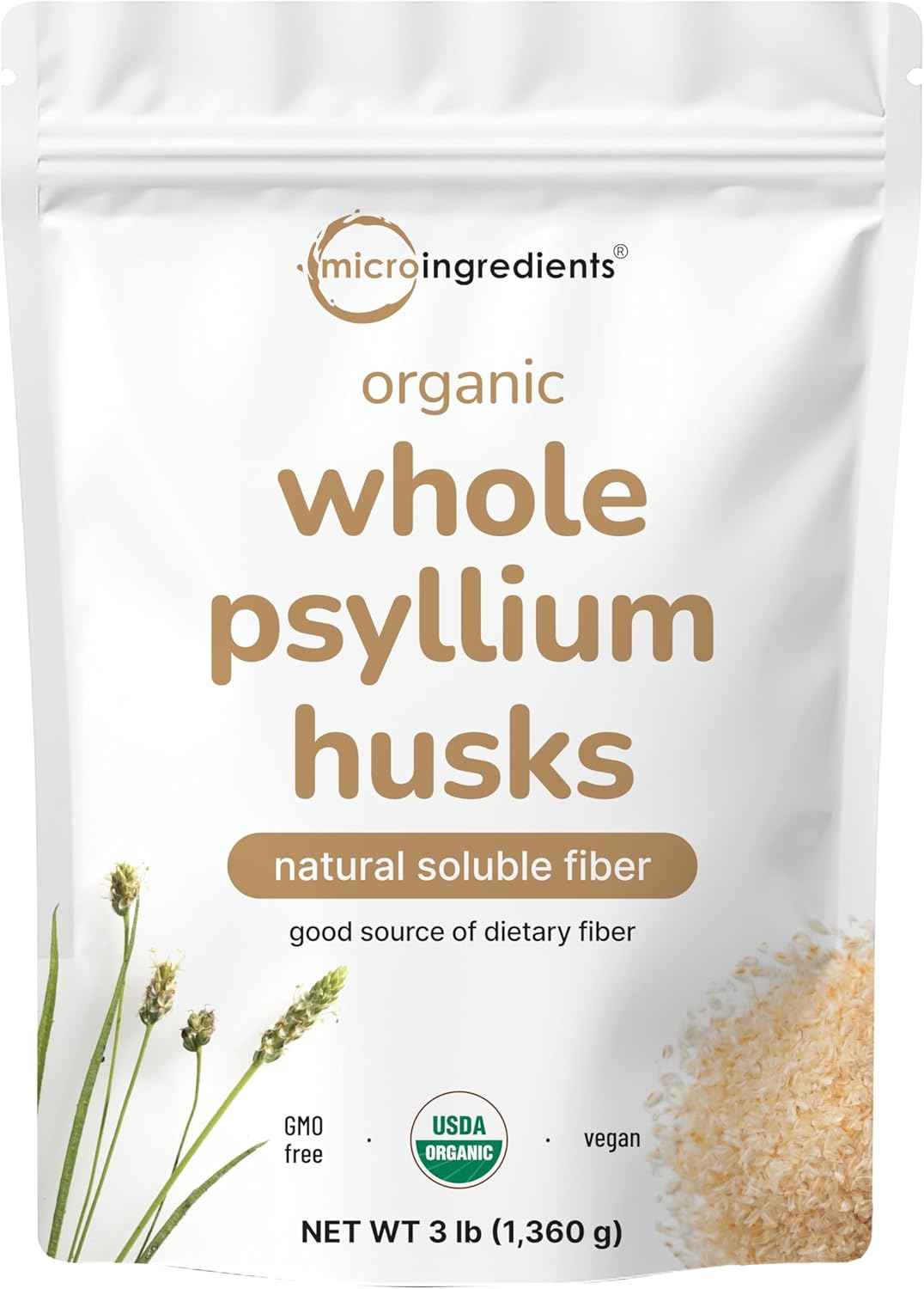 Micro Ingredients Organic Whole Psyllium Husks, 3lbs - Daily Soluble Fiber Supplement - Sourced from India - Ideal for Oatmeal, Coffee & Beverage - Unflavored, Non-GMO, Keto Friendly, Vegan