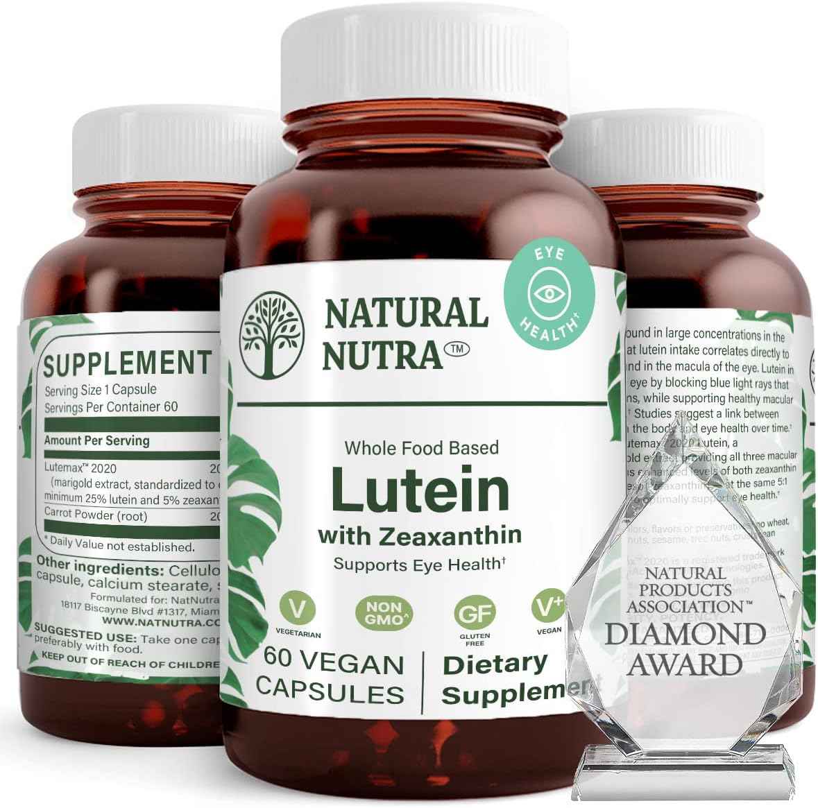 Natural Nutra Lutein & Zeaxanthin Supplement 20mg, 60 Capsules - Maintains Vision, Protects Cells in Eyes, Enhances Level of Zeaxanthin & Isomers, Supports Eye Health, Gluten-Free, Soy-Free