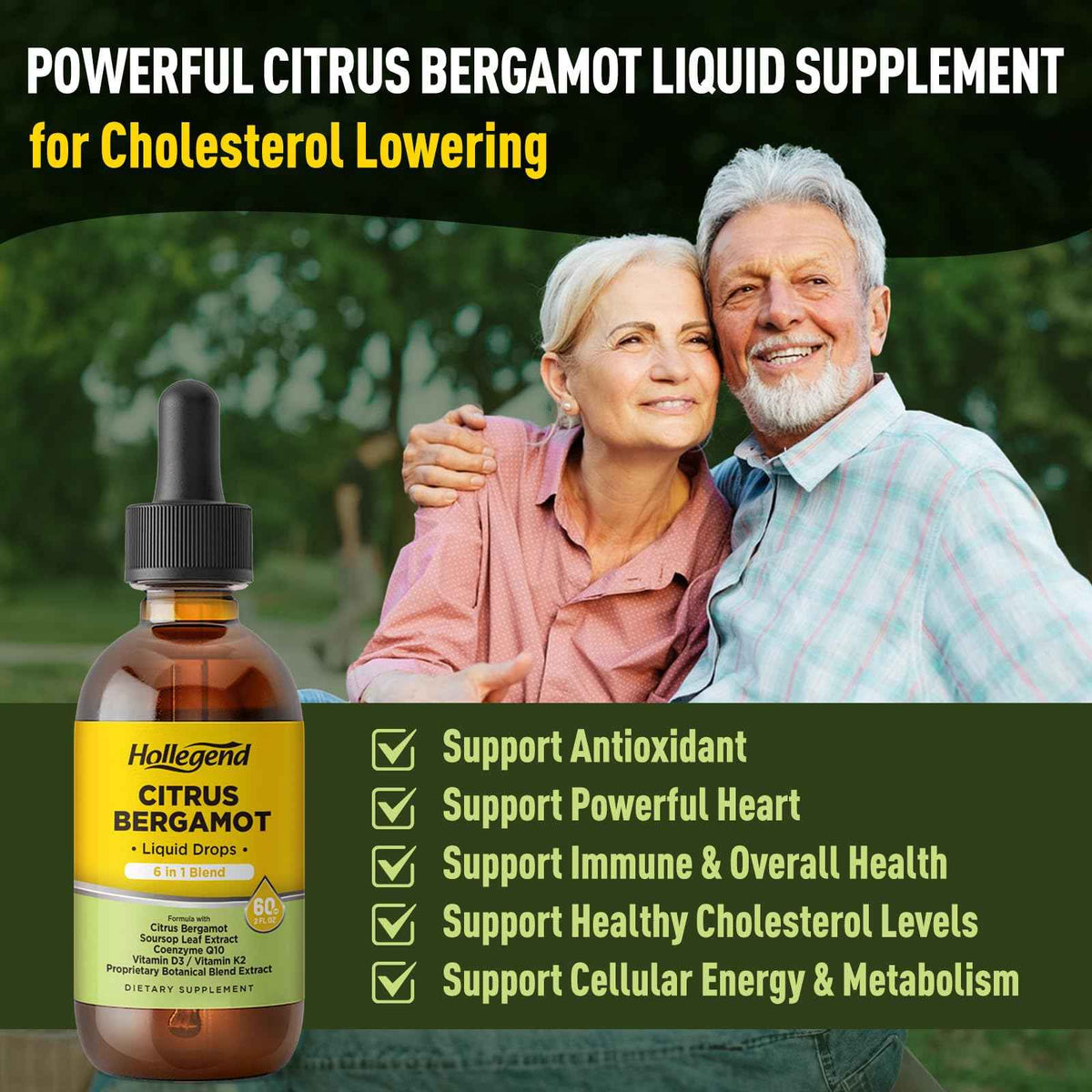 HOLLEGEND Citrus Bergamot Liquid Drops, Organic Citrus Bergamot 1000mg Supplement, Plus Soursop, CoQ10, Vitamin D3, K2