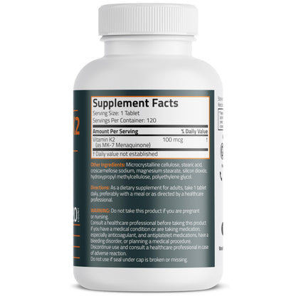 Bronson Vitamin K2 MK-7 100 MCG, K2 as MK7 Menaquinone, Bone Support Non-GMO, 120 Tablets