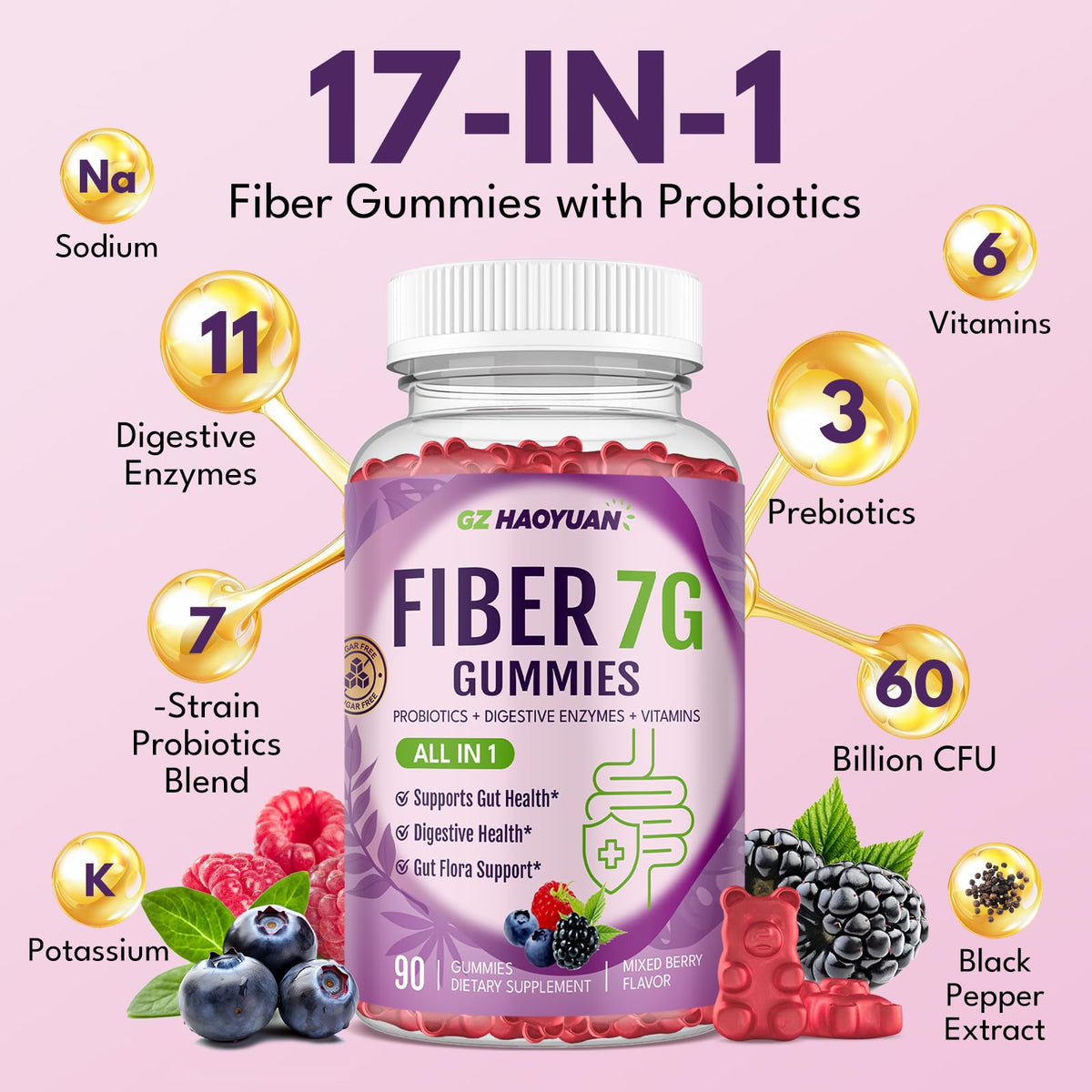 Fiber Gummies for Adults - Sugar Free Fiber Supplement 7g All in 1, Probiotic 60 Billion CFU & Prebiotic with Digestive Enzymes, Inulin, Psyllium, Vitamin, Support for Gut & Digestive Health, 90 Ct