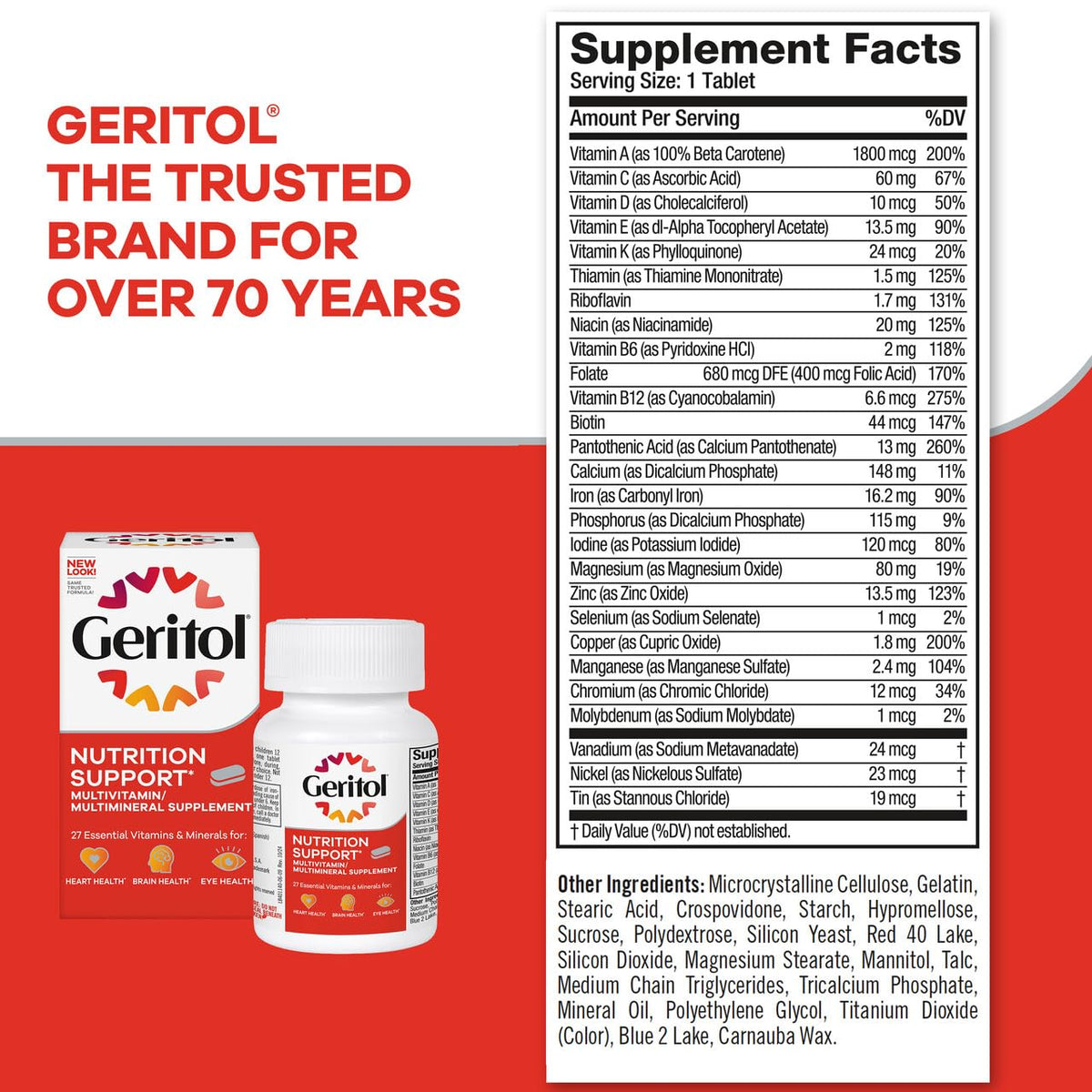 Geritol Multivitamin Supplement, Contains B-Vitamins, Antioxidants, Vitamins C, E & D and Iron, 27 Essential Vitamins and Minerals, Gluten-Free, Non-GMO, No Artificial Sweeteners, 40 Tablets, 2 Pack