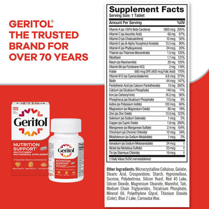 Geritol Multivitamin Supplement, Contains B-Vitamins, Antioxidants, Vitamins C, E & D and Iron, 27 Essential Vitamins and Minerals, Gluten-Free, Non-GMO, No Artificial Sweeteners, 40 Tablets, 2 Pack