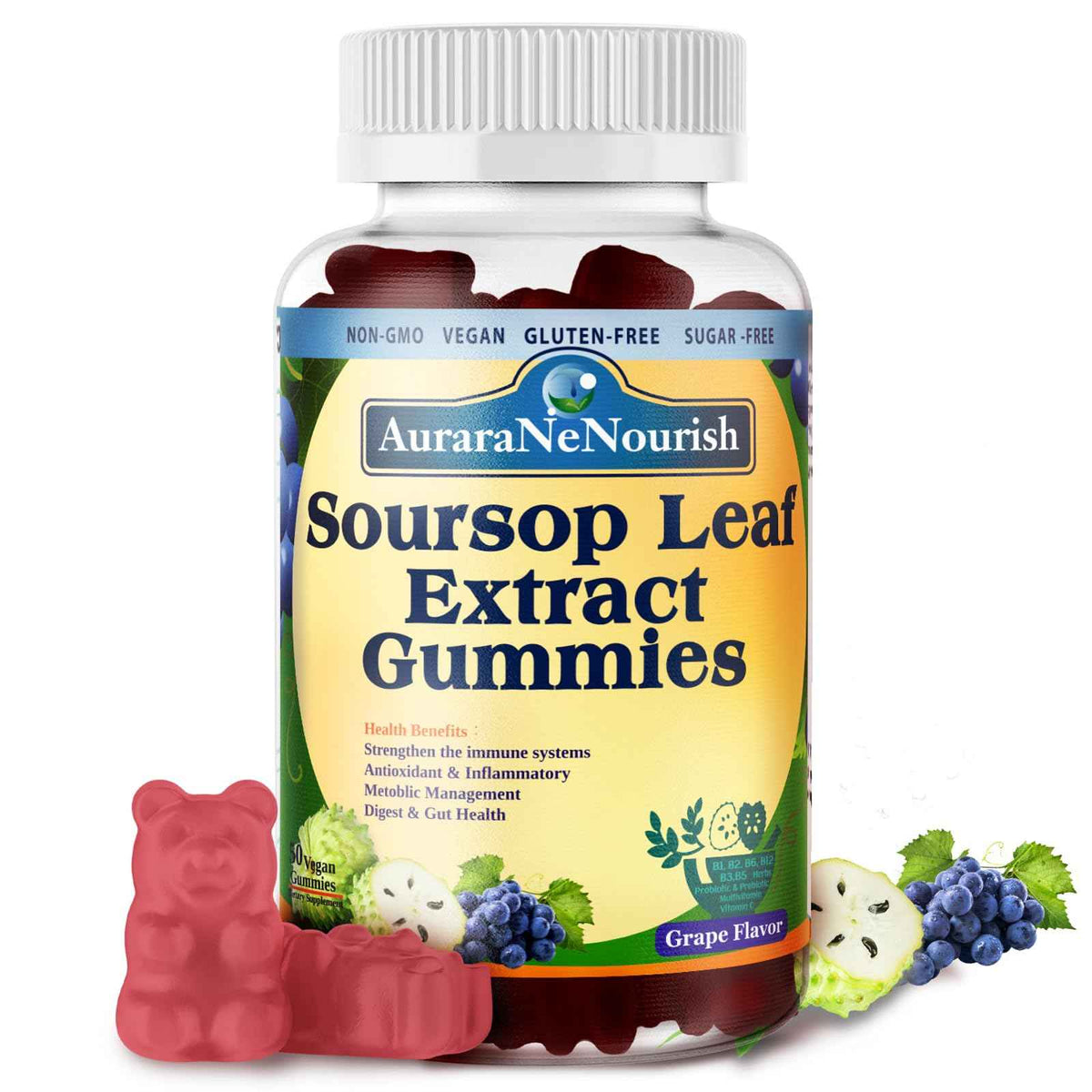 AuraraNeNourish Sugar Free Soursop Gummies with Probiotics & Fiber 100 Billion CFUs, Organic Soursop Leave Extract with Vitamin C B-Complex for Digestive Gut Health, Energy Balance, Immune Boost