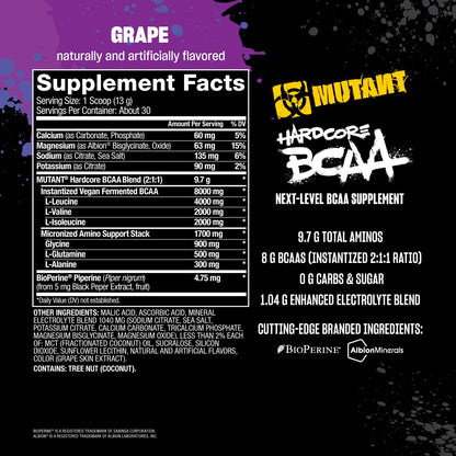 Mutant Hardcore BCAA - Pre, Intra or Post Workout - BCAA Next Level branched-Chain Amino Acids Supplement - Hydration + Recovery - 30 Serving - Blue Raspberry