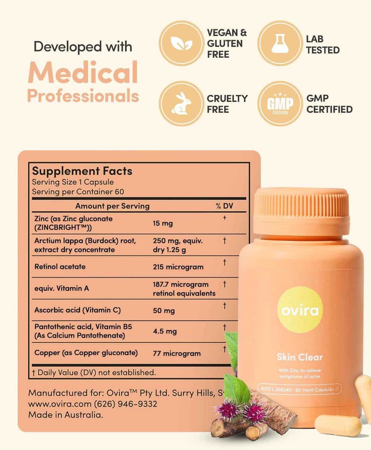 Ovira Skin Clear with ZINCBRIGHT - 60 Capsules for Clear and Glowing Skin - Rosacea & Hormonal Acne Treatment - Support Collagen Production - Acne Supplements for Women & Men - Pack of 2