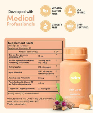 Ovira Skin Clear with ZINCBRIGHT - 60 Capsules for Clear and Glowing Skin - Rosacea & Hormonal Acne Treatment - Support Collagen Production - Acne Supplements for Women & Men - Pack of 2
