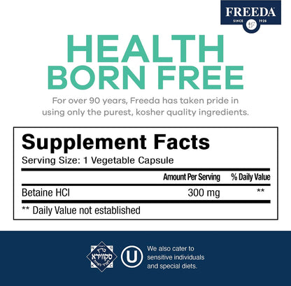 Freeda Betaine HCl Vegan Digestive Supplement - 90 Capsules - Vegan Betaine HCl Supplement - Supports Healthy Digestion - Free Of Pepsin - For Daily Digestive Wellness