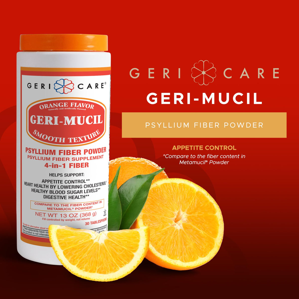 GeriCare Geri-Mucil Psyllium| 4-In-1 Orange-Flavor Psyllium Husk Powder| Daily Fiber Supplement| Sweetened Gluten-Free Fiber Drink Mix| Water-Soluble Husk Fiber Powder For Bowel Movement|13oz (2 Pack)