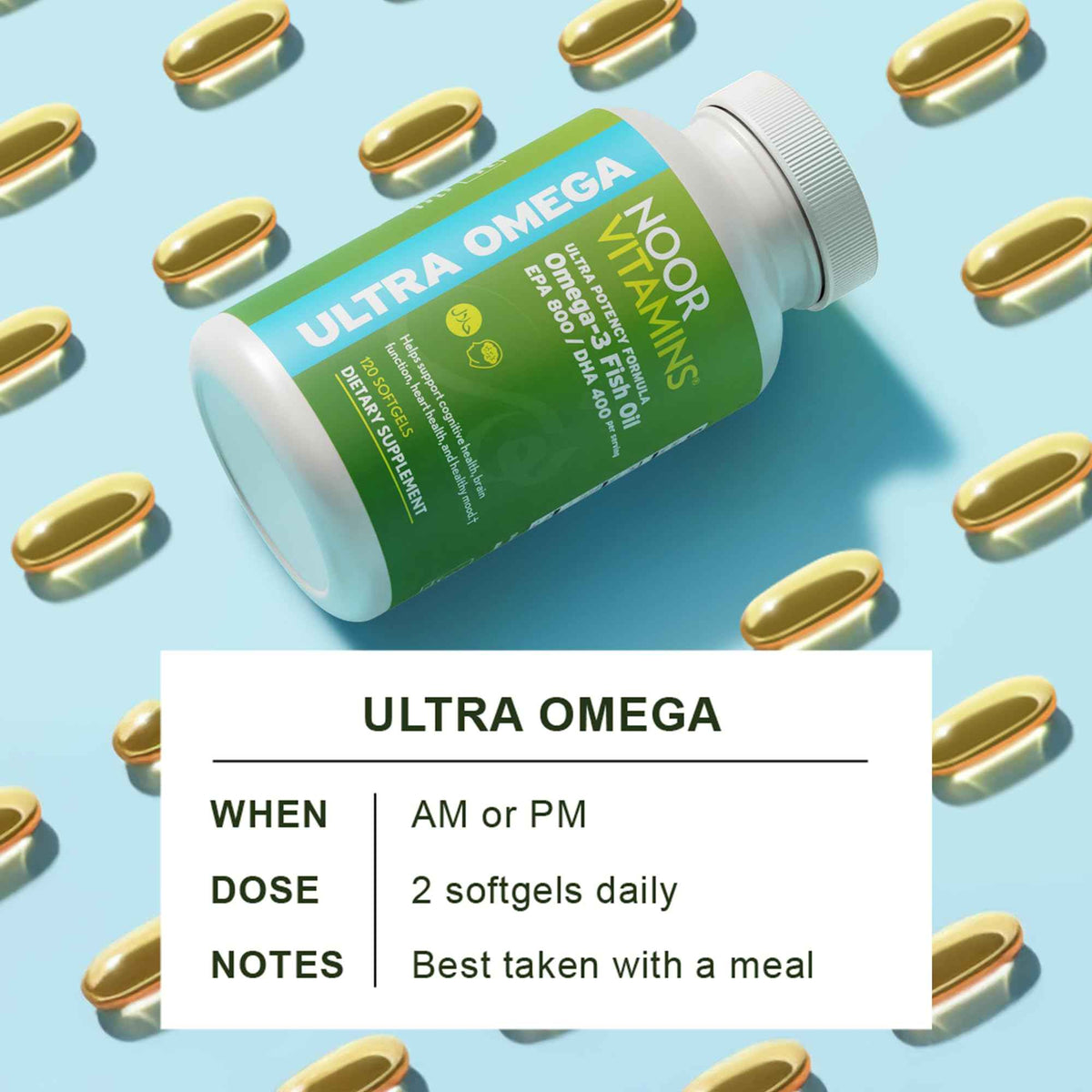 Noor Vitamins Halal Fish Oil, Halal Vitamins, Ultra Omega 3 Wild Peruvian Fish (800 mg EPA & 400 mg DHA) Heart