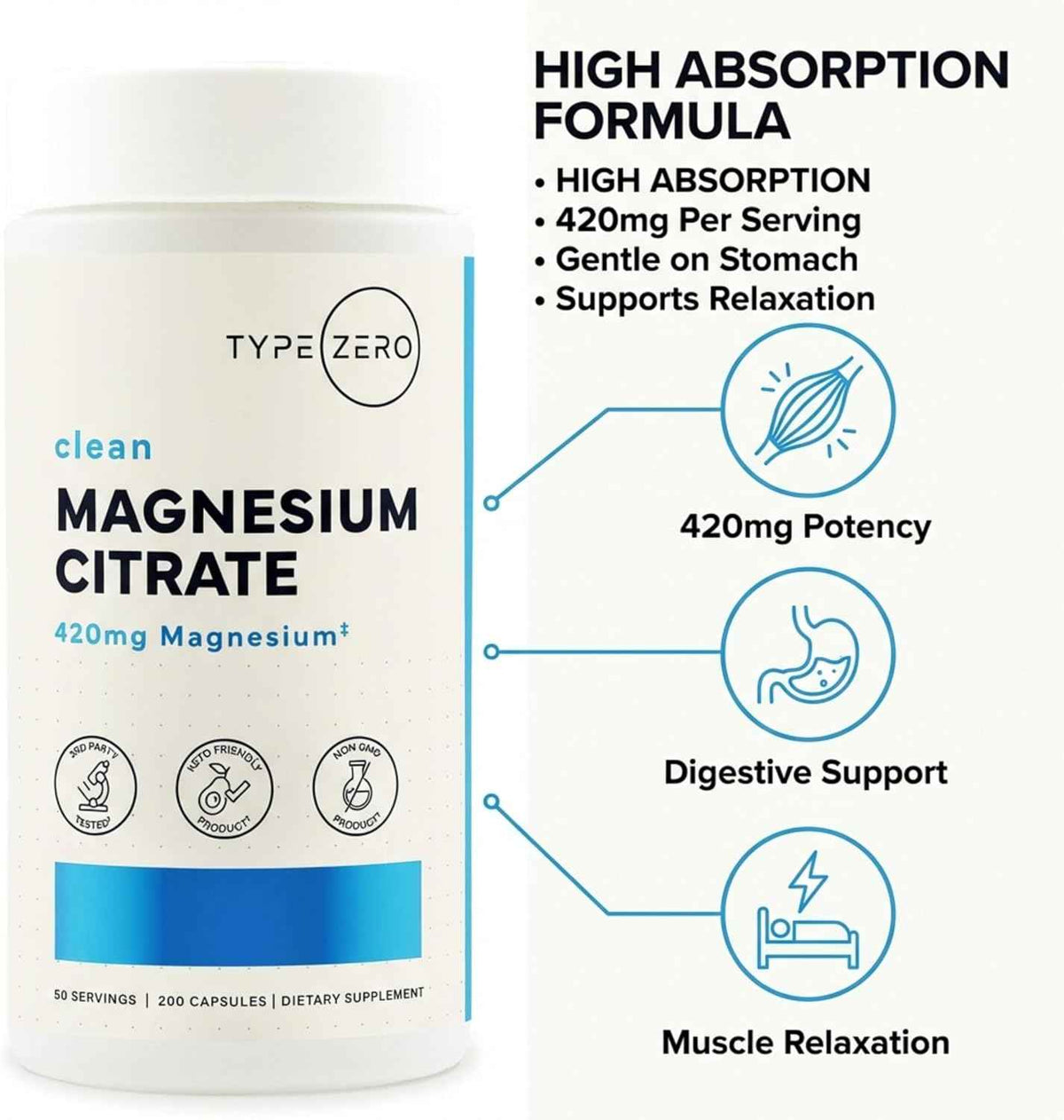 Type Zero Clean Magnesium Citrate (420mg) 200 Capsules, Gluten-Free - Pure Magnesium Citrate Supplement, GMO-Free, 50 Servings