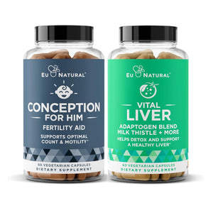 Two dietary supplement bottles labeled 'Conception for Him' and 'Vital Liver' on a white background.