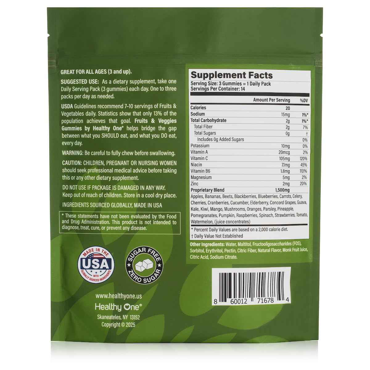 Fruits & Veggies Sugar-Free Gummies - 27 Whole Foods - Equals 3 Servings of Fruits & Vegetables - Improve Energy, Focus & Immune Function - Fiber - Antioxidants - Organic Ingredients - 14 Packets