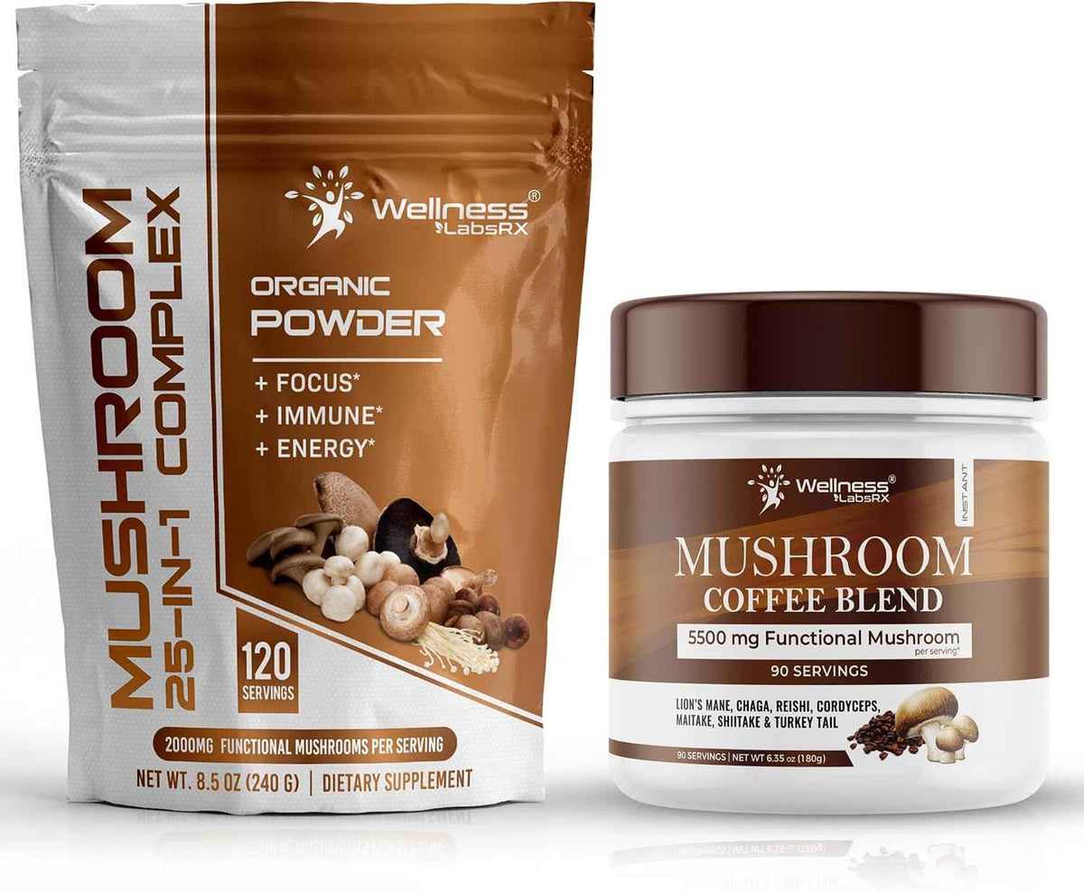 WELLNESS LABSRX Mushroom Powder 2000mg - Mushroom Coffee Blend 5500mg - Bundle
