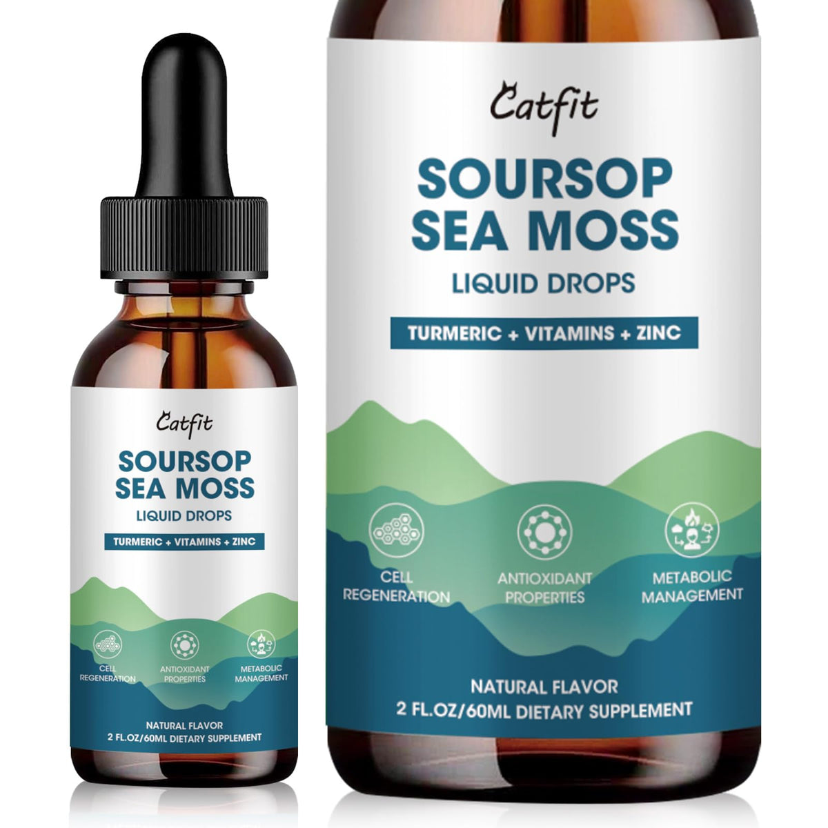 Catfit Soursop Graviola Liquid Drop - Soursop Drops for Cell Support, Antioxidant, Relaxation & Immune Boost with Sea Moss, Turmeric, Black Pepper, B6 C, Zinc, Sugar Free, Gluten Free, Vegan, 2 Fl Oz
