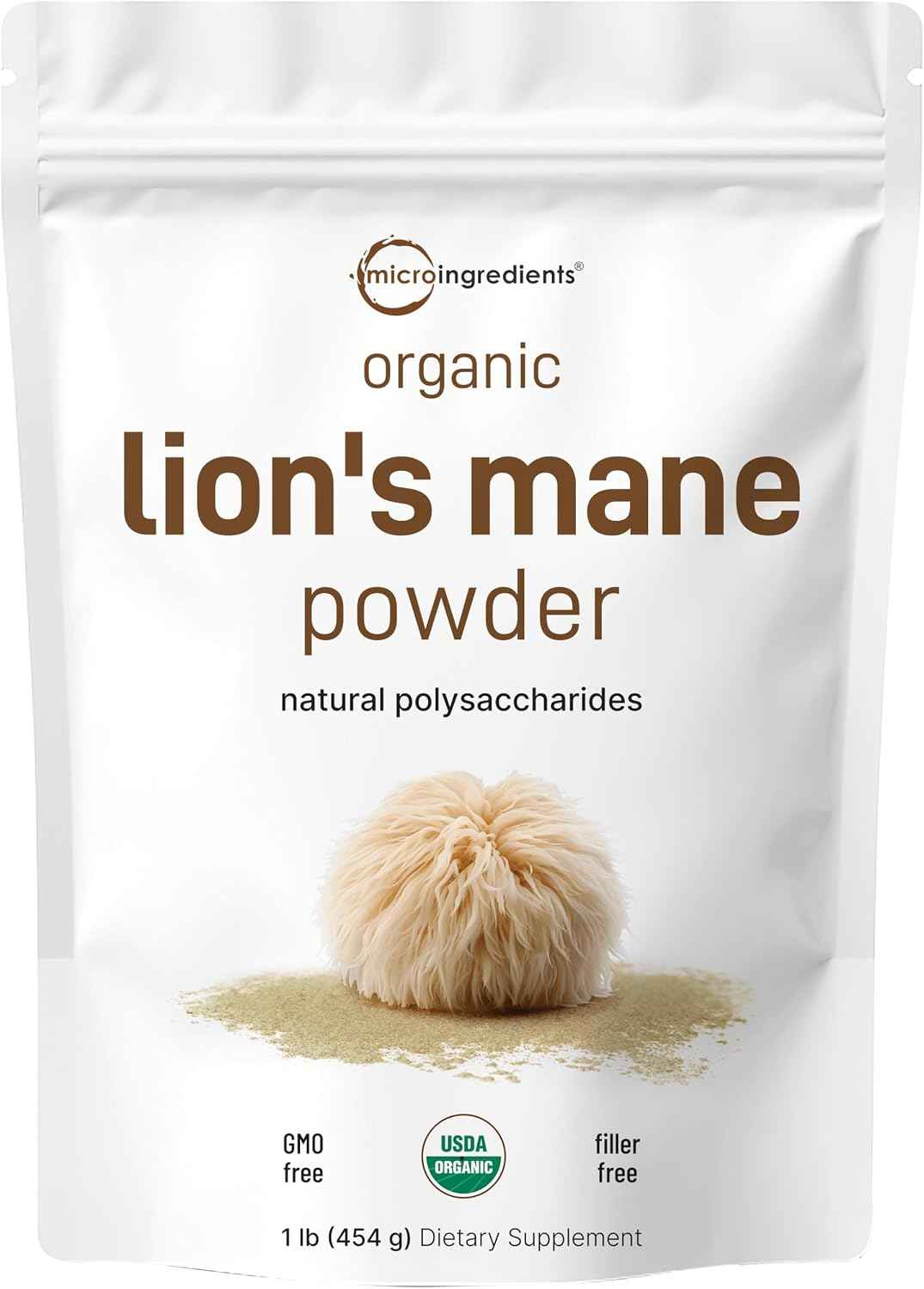 Micro Ingredients Organic Lion’s Mane Mushroom Powder, 16oz - Pure Fruiting Body Superfood - Supports Brain, Focus, Energy & Immune Health - Great for Smoothies & Coffee - Filler Free, Vegan, Non-GMO