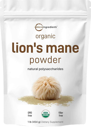 Micro Ingredients Organic Lion’s Mane Mushroom Powder, 16oz - Pure Fruiting Body Superfood - Supports Brain, Focus, Energy & Immune Health - Great for Smoothies & Coffee - Filler Free, Vegan, Non-GMO