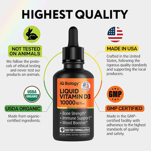 IQ BIOLOGY Organic Mullein + Liquid Vitamin D3 - Dual-Benefit Fast-Absorbing Drops - Clear Lungs, Strong Bones, Year-Round Immune & Mood Support - 2 × 2 fl oz
