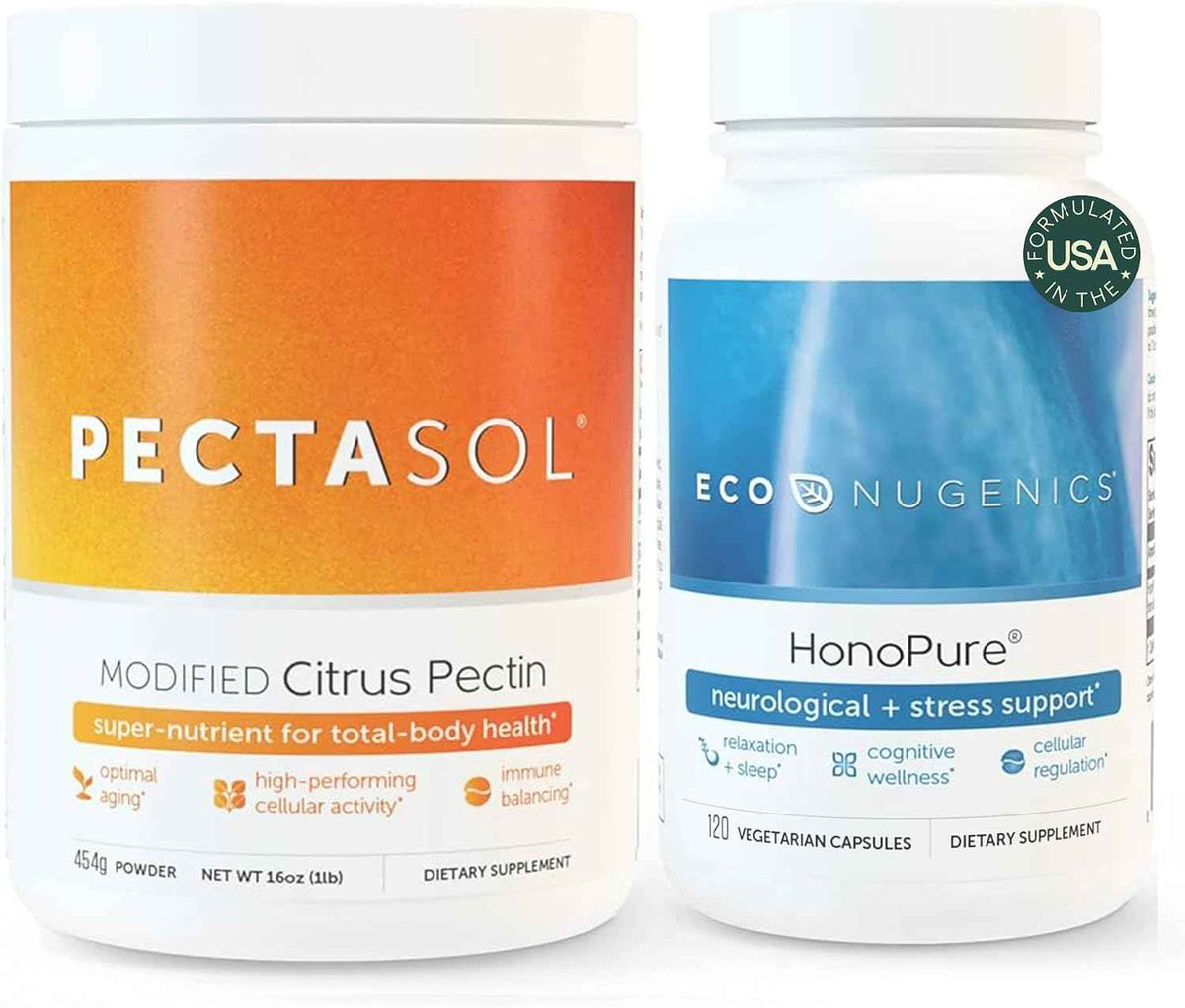 ecoNugenics Brain Health Supplement Bundle - PectaSol Modified Citrus Pectin Fiber + HonoPure Magnolia Bark Extract - Nootropic Pack for Sleep, Stress Relief, Cognitive Function, GABA Support