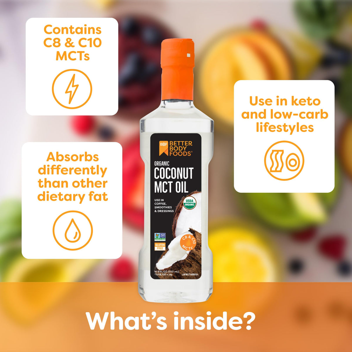 BetterBody Foods Organic Coconut MCT Oil 16.9 Fl Oz, C8 & C10, Keto Coffee