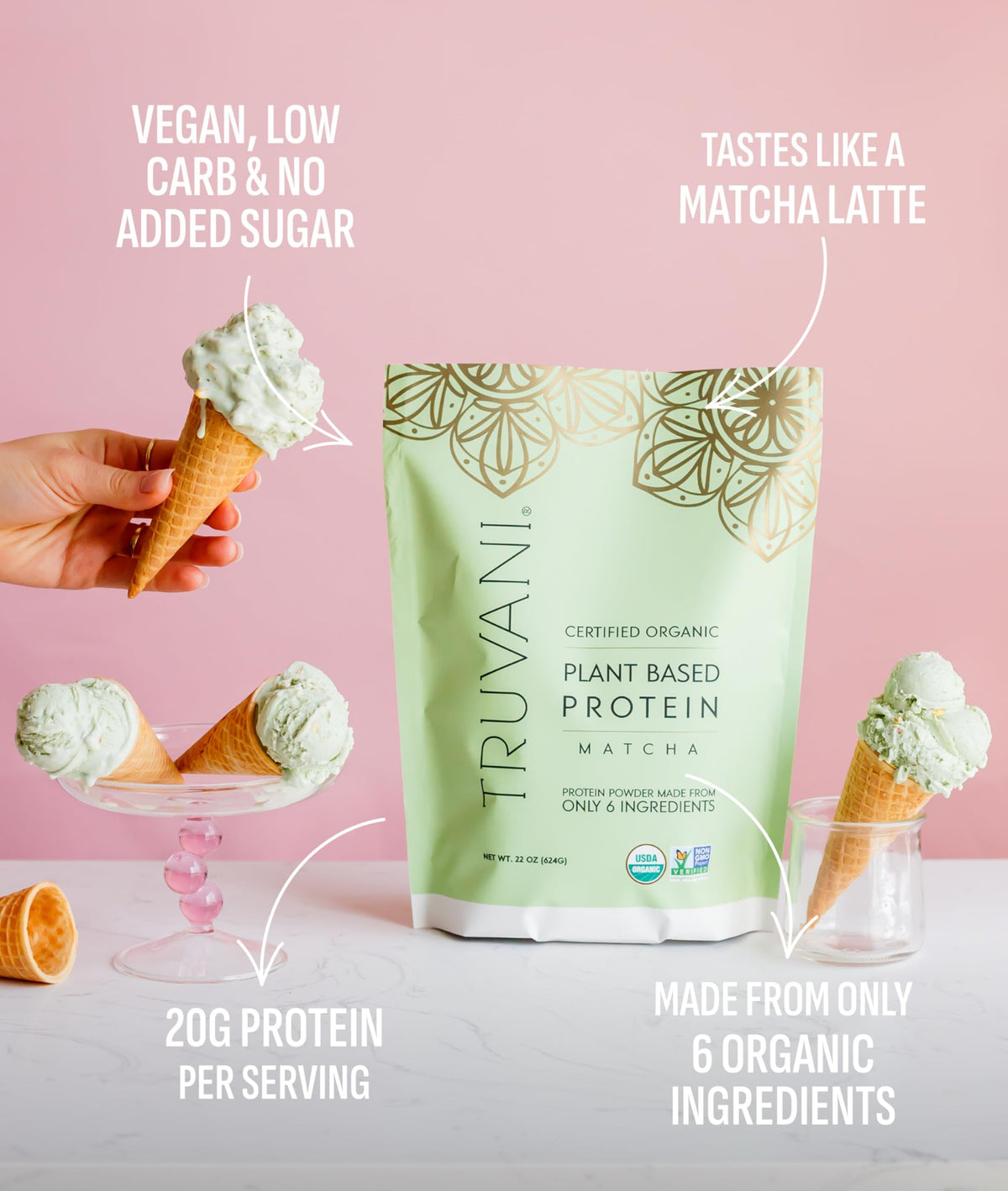 Truvani Organic Plant Based Protein Powder - Strawberry - 10 Servings - Vegan - 20g Pea Protein - Single Serving Travel Packets - Keto - Gluten & Dairy Free - Low Carb