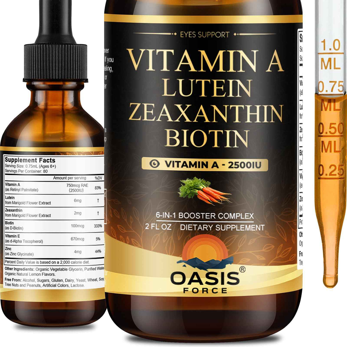 OASIS FORCE 6 in 1 Vitamin A Liquid Drops with Lutein & Zeaxanthin, Vita A Retinyl Palmitate for Skin, Vision & Immune Support, Adults & Kids Ages 6+, Vegan, Non-GMO, 2 Fl Oz