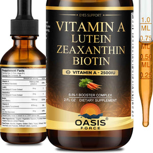 OASIS FORCE 6 in 1 Vitamin A Liquid Drops with Lutein & Zeaxanthin, Vita A Retinyl Palmitate for Skin, Vision & Immune Support, Adults & Kids Ages 6+, Vegan, Non-GMO, 2 Fl Oz