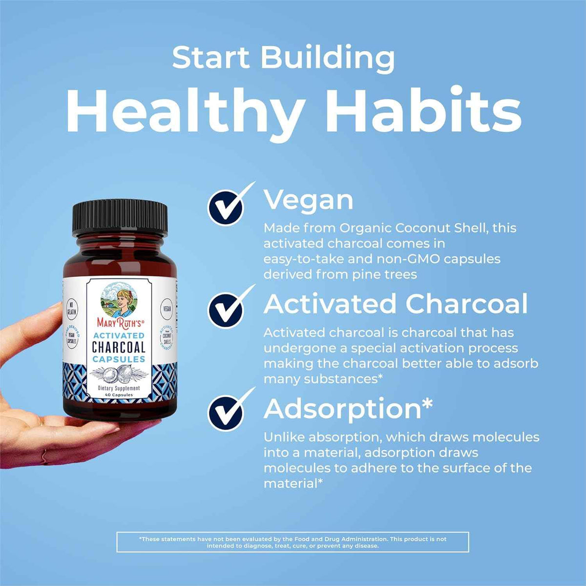 MARYRUTH'S Activated Charcoal Capsules 950 mg Activated Charcoal - Substance Adsorption - Derived from Coconut Shells - Vegan Capsules from Pine Trees - Non-GMO - Gluten Free - 40 Count