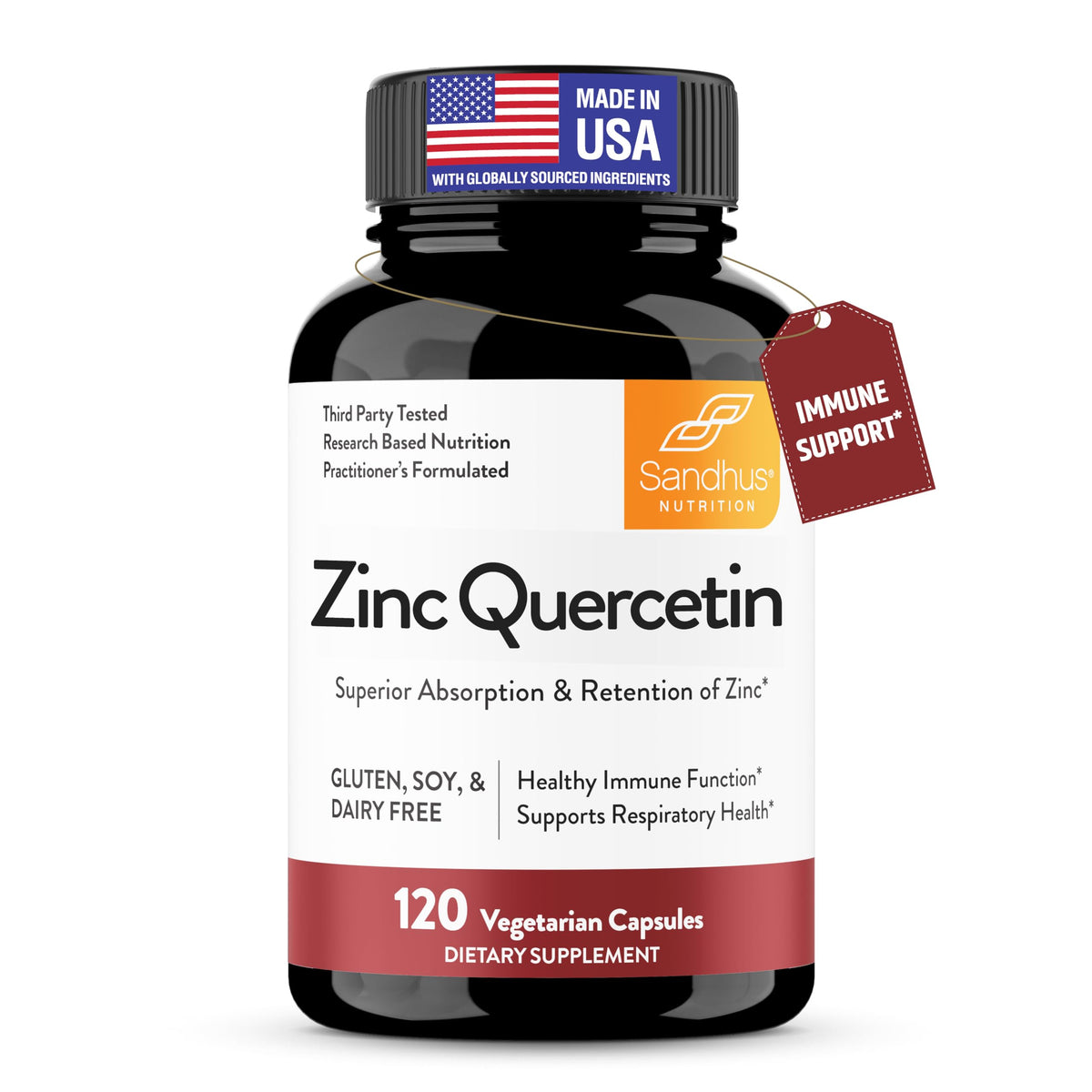 Sandhu's Zinc Quercetin 120 Vegetarian Capsules (Pack of 1) - High Absorption Zink Supplements for Immunity and Seasonal Allergy - Antioxidant Immune Support