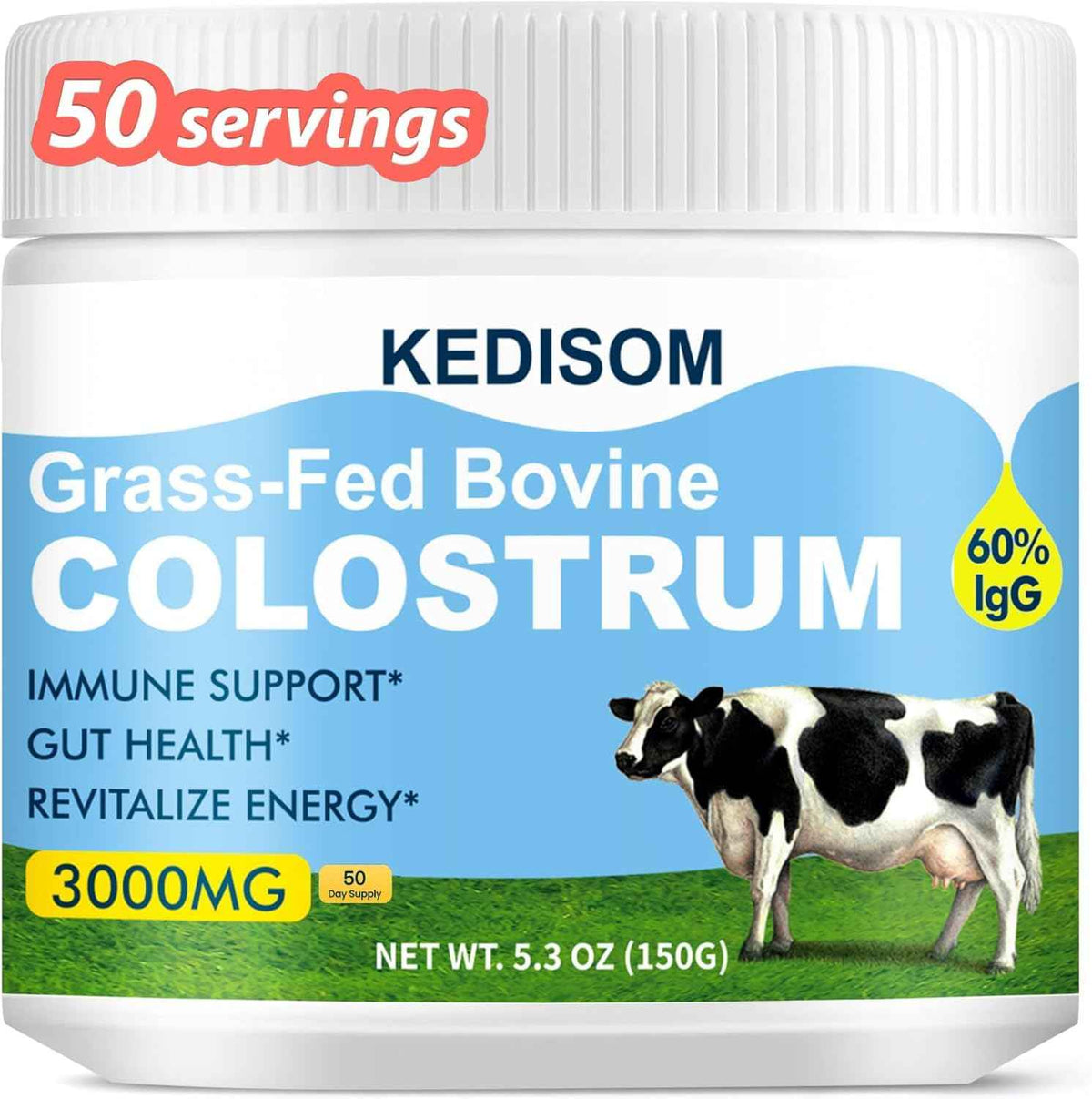 KEDISOM Grass-Fed Bovine Colostrum Supplement Powder - 60% High IgG 3000 mg for Gut Health, Immune Support - Easy to Mix Natural Liposomal Colostrum Superfood, Unflavored, 50 Servings