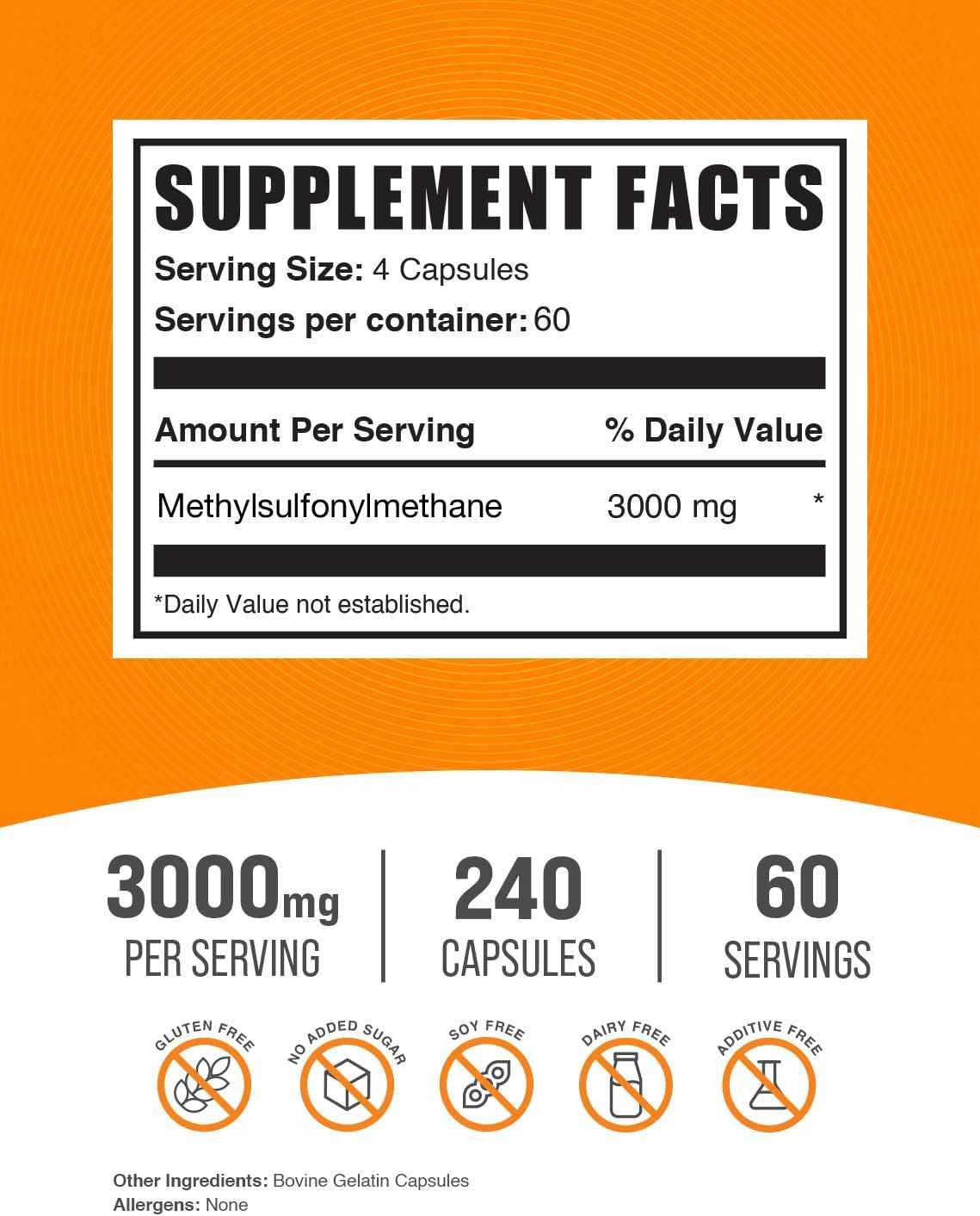 BulkSupplements.com MSM Capsules - Methylsulfonylmethane, MSM 3000mg - Joint Supplements, Gluten Free, 4 Capsules per Serving, 240 Count (Pack of 1)