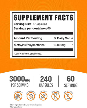 BulkSupplements.com MSM Capsules - Methylsulfonylmethane, MSM 3000mg - Joint Supplements, Gluten Free, 4 Capsules per Serving, 240 Count (Pack of 1)