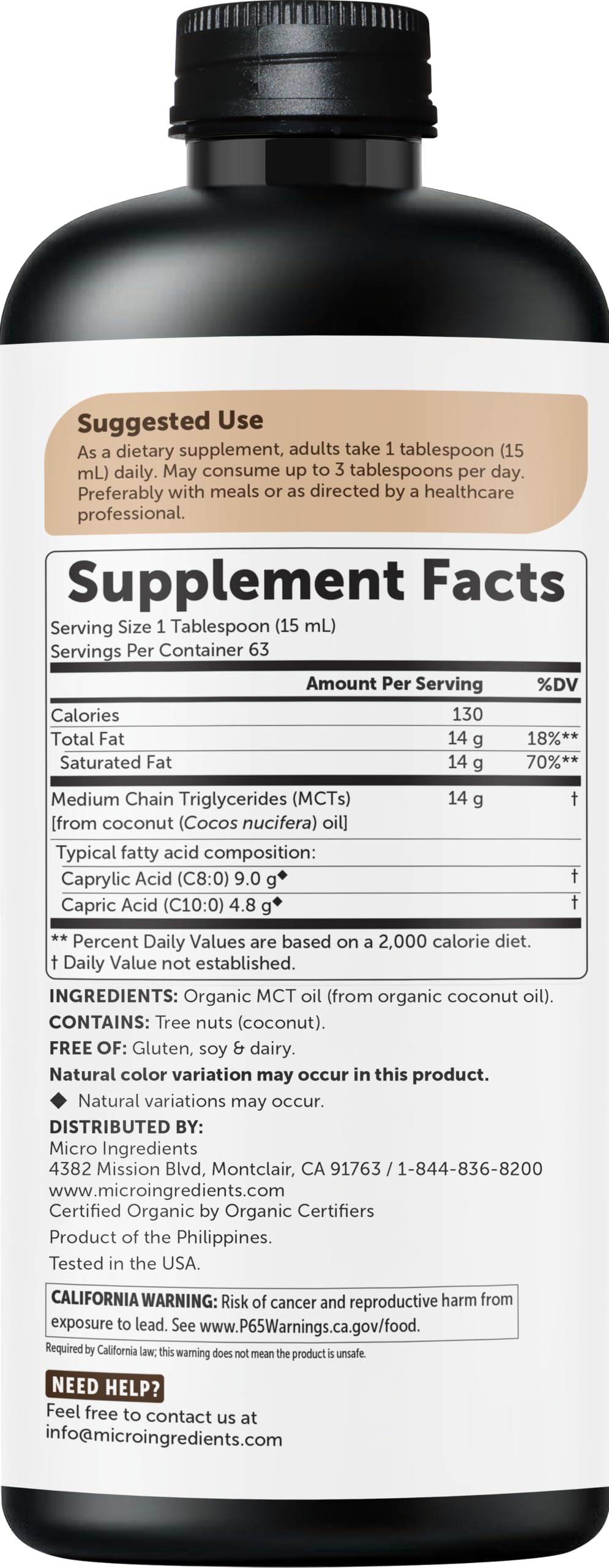 Micro Ingredients Organic MCT Oil, 32 fl oz, Keto C8 + C10 Fatty Acids