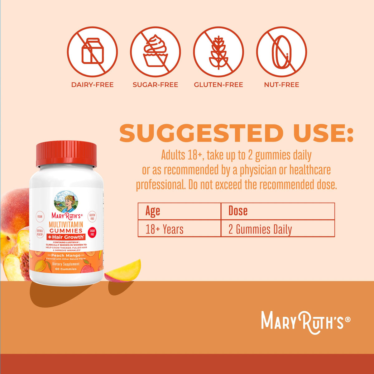 MaryRuth's Multivitamin + Hair Growth Gummies - with Lustriva - Biotin 10000mcg - B Vitamins - Formulated for Thicker Hair, Wrinkles, Fine Lines, Skin Care - Ages 18+ - 30 Servings