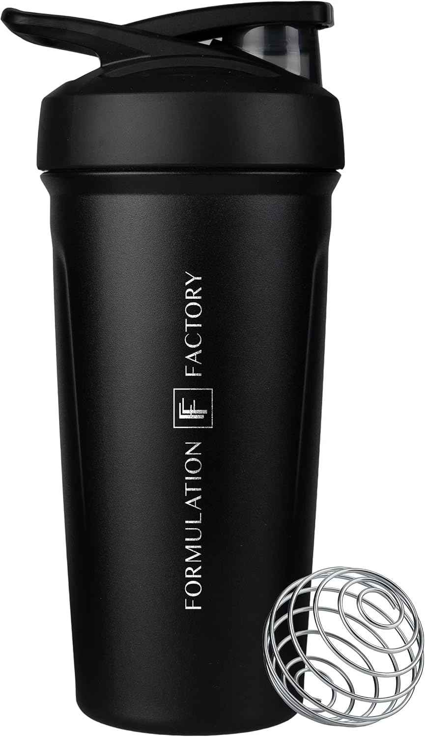 Formulation Factory Shaker Cup Insulated Stainless Steel Water Bottle with Wire Whisk, 25-Ounce, Black