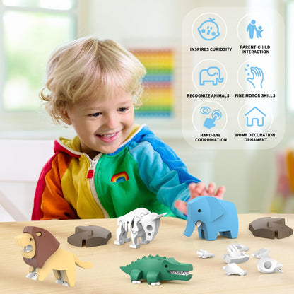 Magnetic Animal Building Toys, STEM Toddler Learning Toys 3D Puzzle Animals for Boys Girls, Educational Magnetic Travel Montessori Toy Lion Elephant Crocodile, Unique Birthday Gift for Kids 3 4 5 6 7