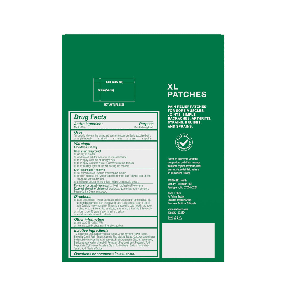 Biofreeze XL Pain Relief Patches, Menthol Pain Patches for Lower Back, Neck, Knee, & Shoulder, Comfortable & Flexible Fabric Stays in Place, 4 ct