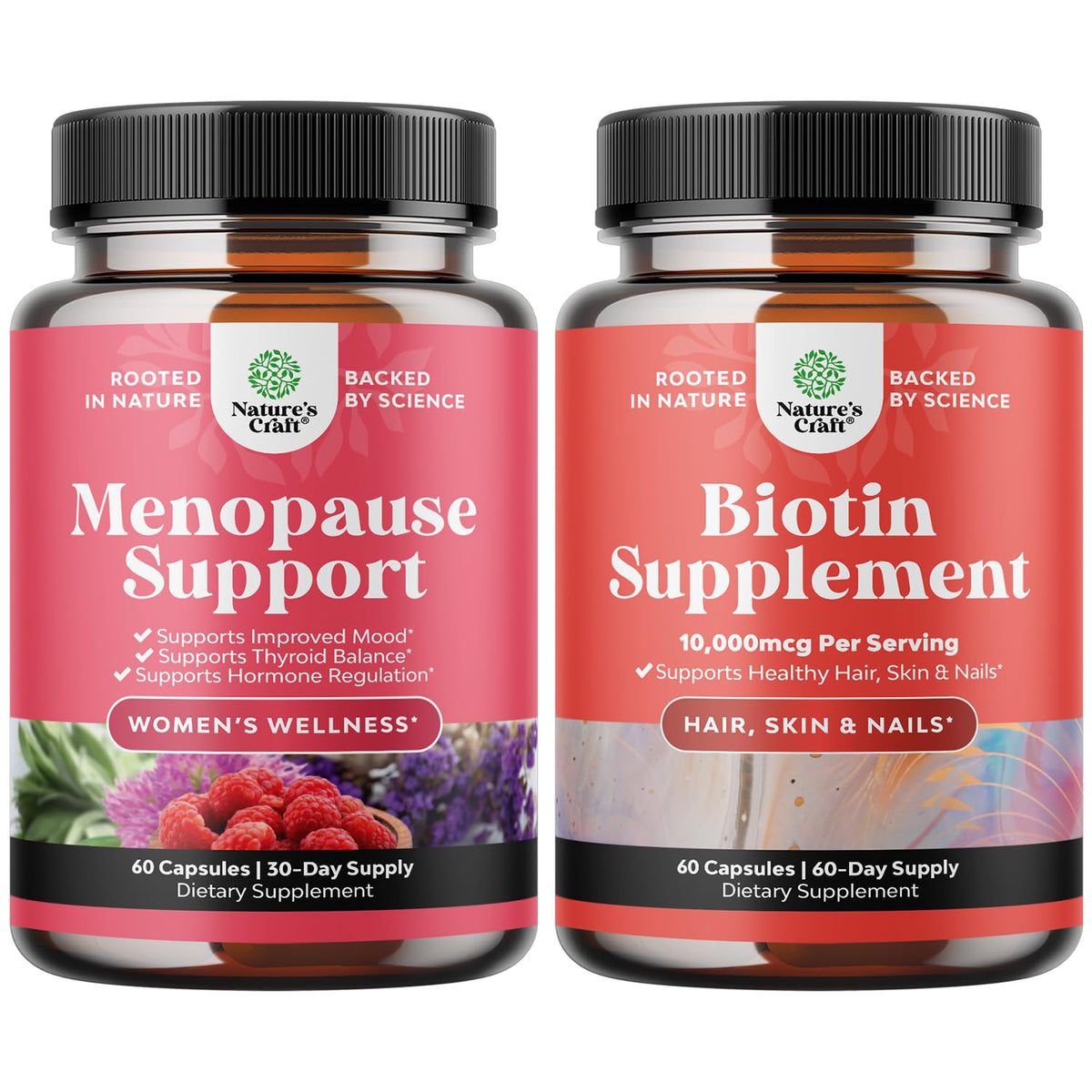 Bundle of Herbal Menopause Supplement for Women and 10000 mcg Pure Biotin Pills for Women & Men