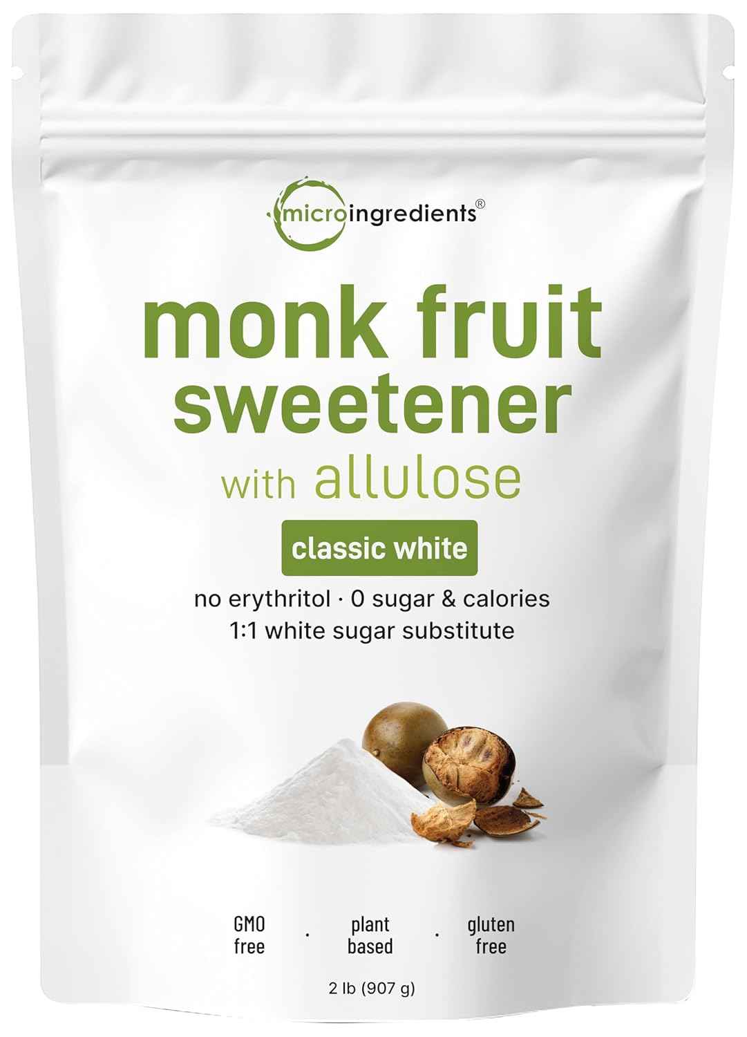 Monk Fruit Sweetener with Allulose, 2 lbs - No Erythritol - No Aftertaste, 1:1 White Sugar Substitute, Keto & Vegan Friendly, Zero Calorie - Great for Drinks, Coffee, Tea, Cookies - Non-GMO