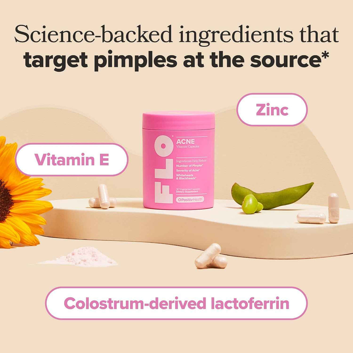 FLO Acne Supplement for Clearer Skin with Zinc & Vitamin E - 30-Day Supply