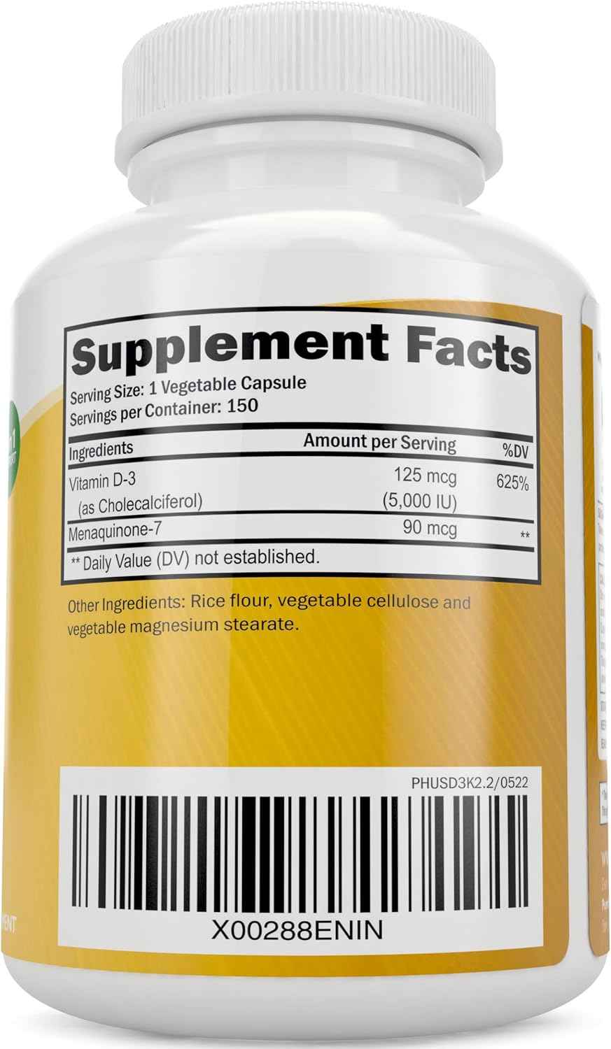 Vitamin D3 K2, 150 Servings, 5000iu D3 + 90mcg K2, Bone & Immune Support - Energy & Heart Health Support, High Absorption & Non-GMO, Once-Daily Vitamin Supplement, 150 D3K2 Capsules (5 Month Supply)