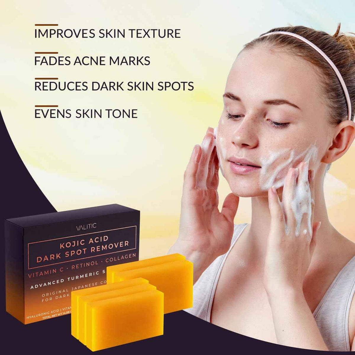 VALITIC Kojic Acid Dark Spot Remover Soap Bars with Vitamin C, Retinol, Collagen, Turmeric - Original Japanese Complex Infused with Hyaluronic Acid,