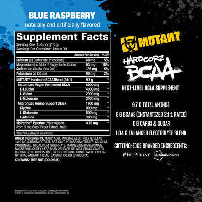 Mutant Hardcore BCAA - Pre, Intra or Post Workout - BCAA Next Level branched-Chain Amino Acids Supplement - Hydration + Recovery - 30 Serving - Blue Raspberry